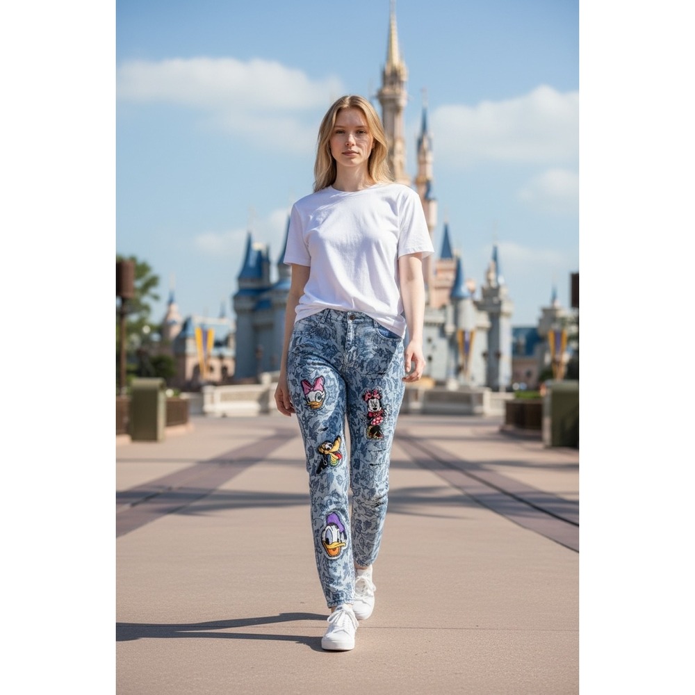 Signet Disney Character Floral Acid Wash Distressed Jeans Minnie Daisy Pluto M